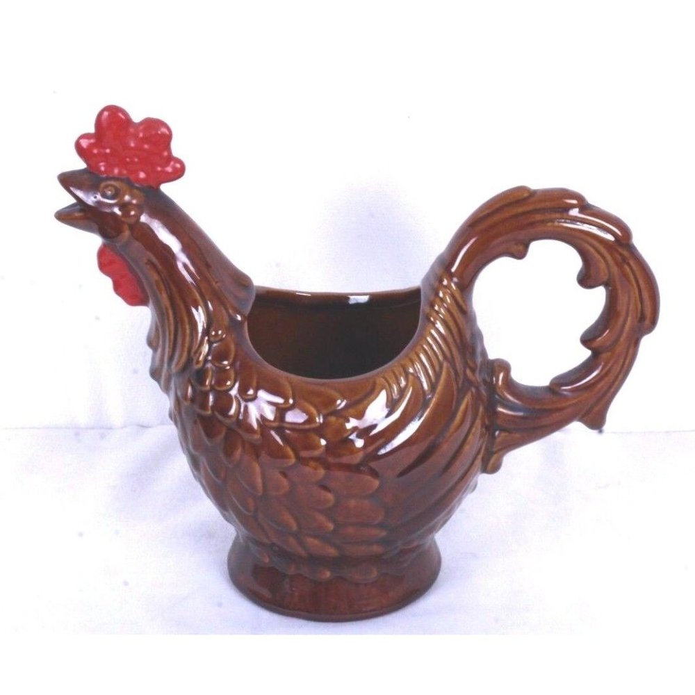 Vtg HAEGER POTTERY Rooster Hen Chicken Pitcher Brown Red Glazed